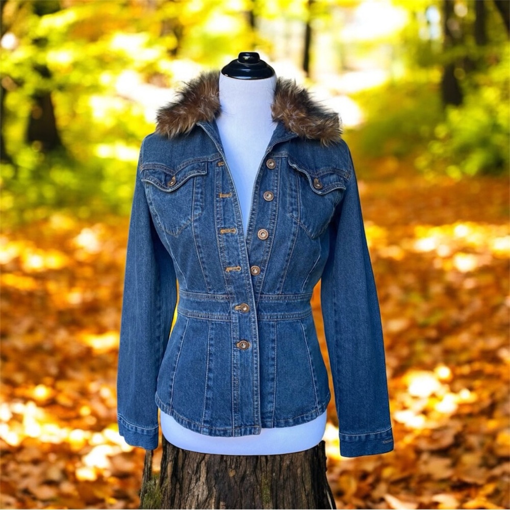 DKNY Jean Jacket. Tailored fit. Removable fur collar. Perfectly stylish